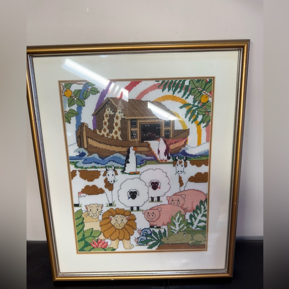 Framed Cross Stitch Noahs Ark Arc Animals Needlework 19”x15 3/4”